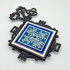 Vintage Holt Howard Cast Iron Blue Tile Footed Trivet